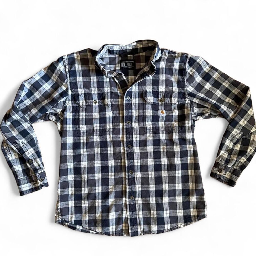 Carhartt Loose Fit Midweight Navy White Plaid Button-Up Cotton Shirt Men's M